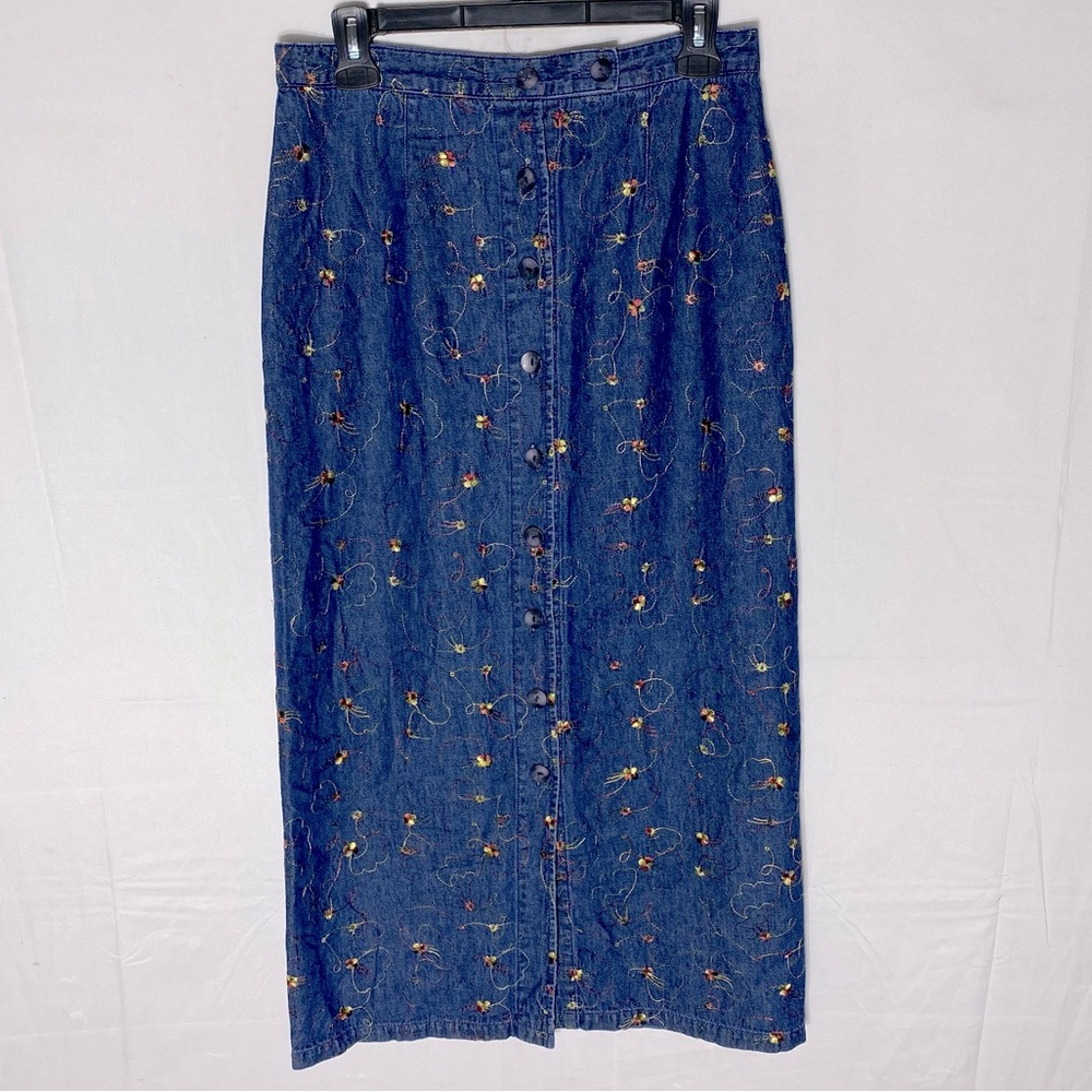 Vintage HL Design Floral Embroidered Denim Skirt L Cottagecore Festival Boho